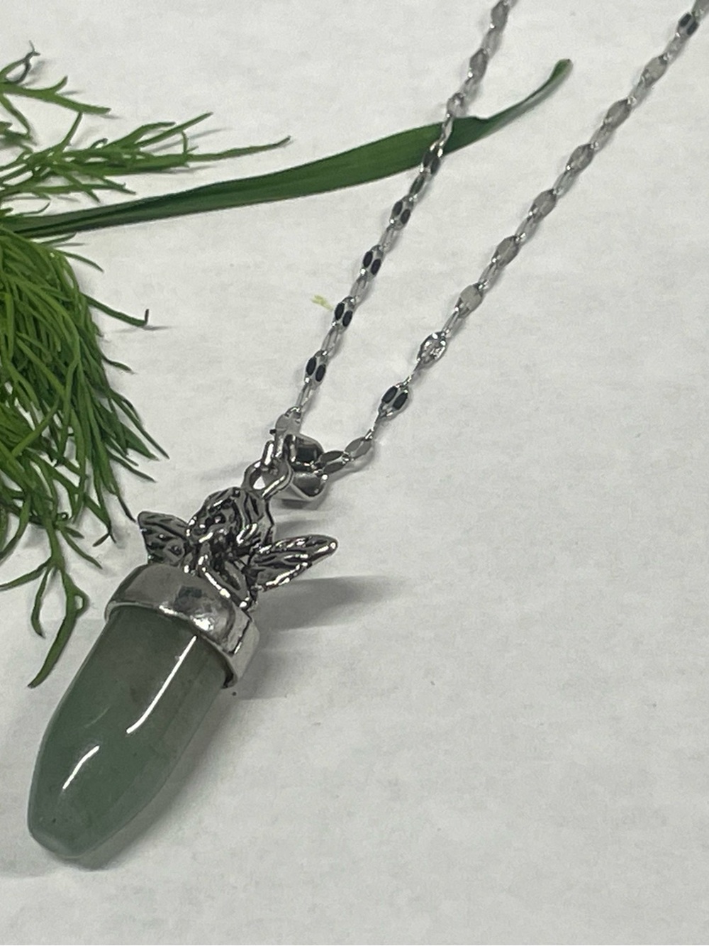 Silver Angel Wing Pendant Necklace with Green Crystal Point